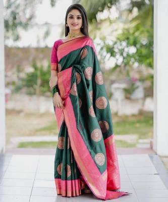 Green pink silk blend banarasi saree with unstitched blouse piece 1