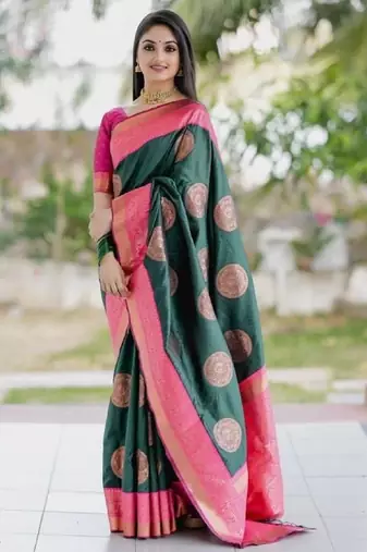 Green pink soft silk blend banarasi jacuard work designer party wear saree with unstitched blouse piece