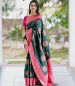 Green pink silk blend banarasi saree with unstitched blouse piece