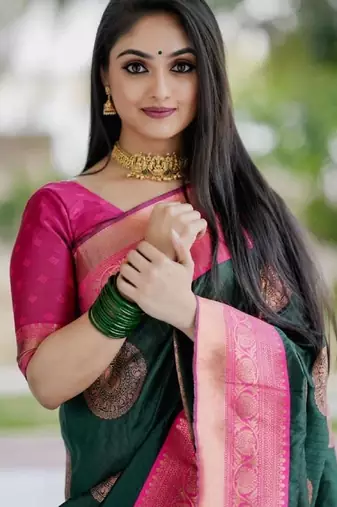 Green pink silk blend banarasi saree with unstitched blouse piece