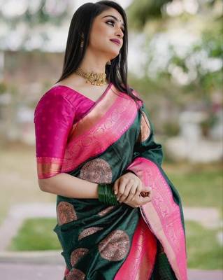 Green pink silk blend banarasi saree with unstitched blouse piece 3
