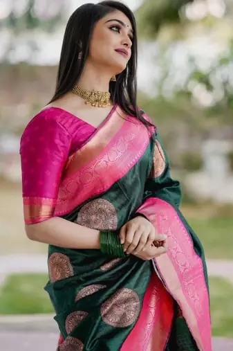 Green pink silk blend banarasi saree with unstitched blouse piece