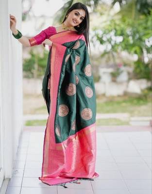 Green pink silk blend banarasi saree with unstitched blouse piece 4