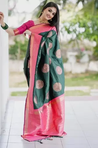 Green pink silk blend banarasi saree with unstitched blouse piece