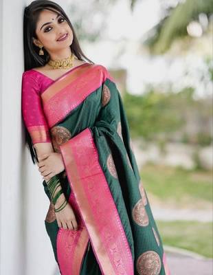Green pink silk blend banarasi saree with unstitched blouse piece 5