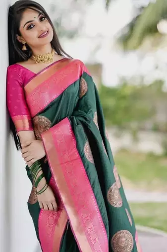 Green pink silk blend banarasi saree with unstitched blouse piece