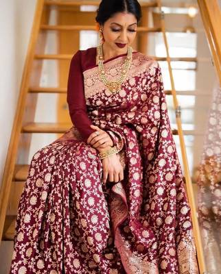 Maroon silk blend banarasi saree with unstitched blouse piece 1