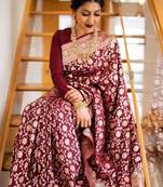 Maroon silk blend banarasi saree with unstitched blouse piece