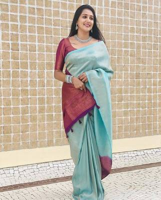 Sky blue wine silk blend banarasi saree with unstitched blouse piece 1