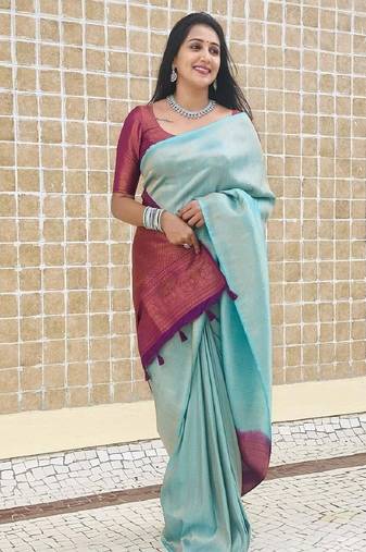 Sky blue wine soft silk blend banarasi jacuard work designer party wear saree with unstitched blouse piece