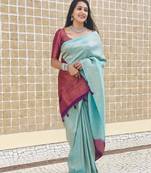 Sky blue wine silk blend banarasi saree with unstitched blouse piece