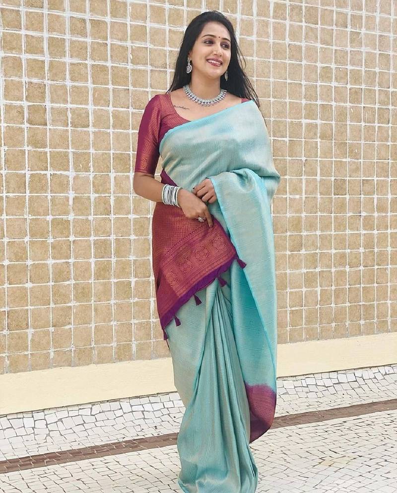 Sky blue wine soft silk blend banarasi jacuard work designer party wear saree with unstitched blouse piece