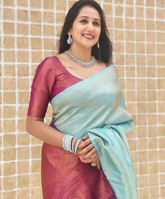 Sky blue wine silk blend banarasi saree with unstitched blouse piece 2