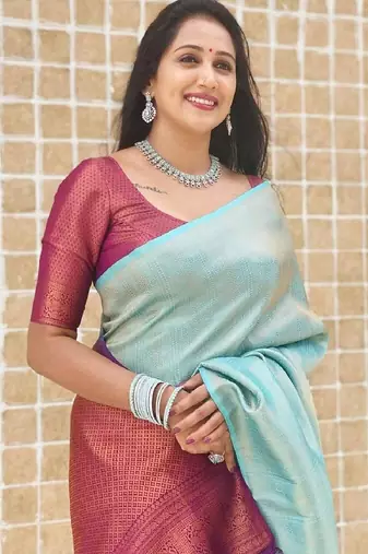 Sky blue wine silk blend banarasi saree with unstitched blouse piece