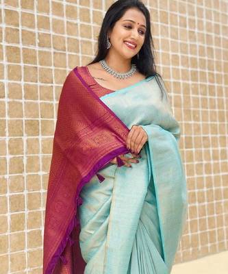 Sky blue wine silk blend banarasi saree with unstitched blouse piece 3