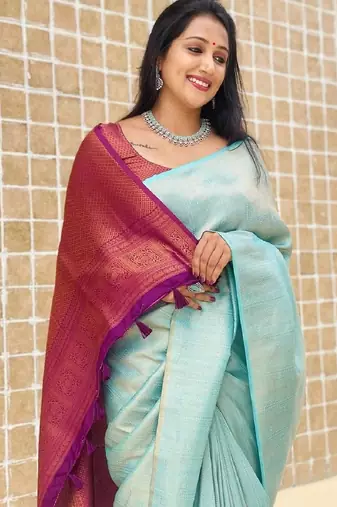 Sky blue wine silk blend banarasi saree with unstitched blouse piece