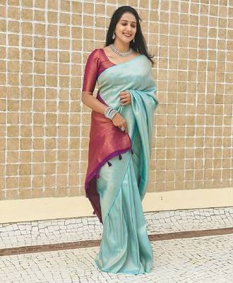 Sky blue wine silk blend banarasi saree with unstitched blouse piece 4