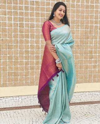 Sky blue wine silk blend banarasi saree with unstitched blouse piece 5