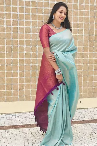 Sky blue wine silk blend banarasi saree with unstitched blouse piece