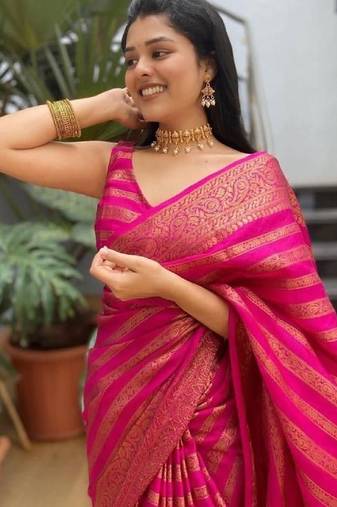 Pink soft silk blend banarasi jacuard work designer party wear saree with unstitched blouse piece