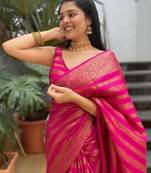 Pink silk blend banarasi saree with unstitched blouse piece