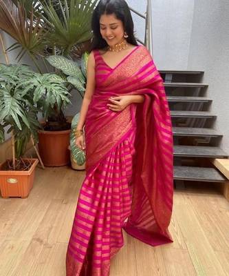 Pink silk blend banarasi saree with unstitched blouse piece 2