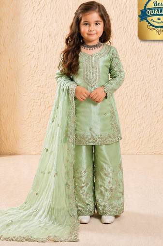 Designer party wear heavy silk kids top sharara & dupatta set