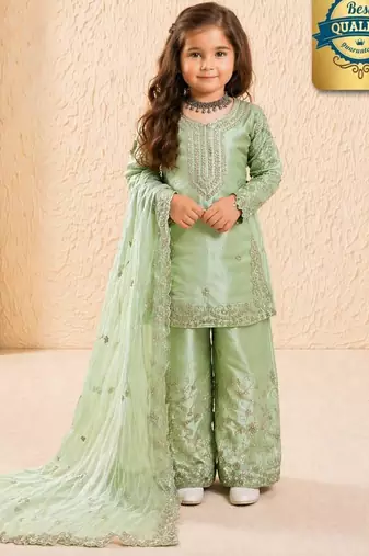 Designer party wear heavy silk kids top sharara & dupatta set