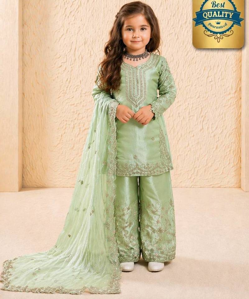Designer party wear heavy silk kids top sharara & dupatta set