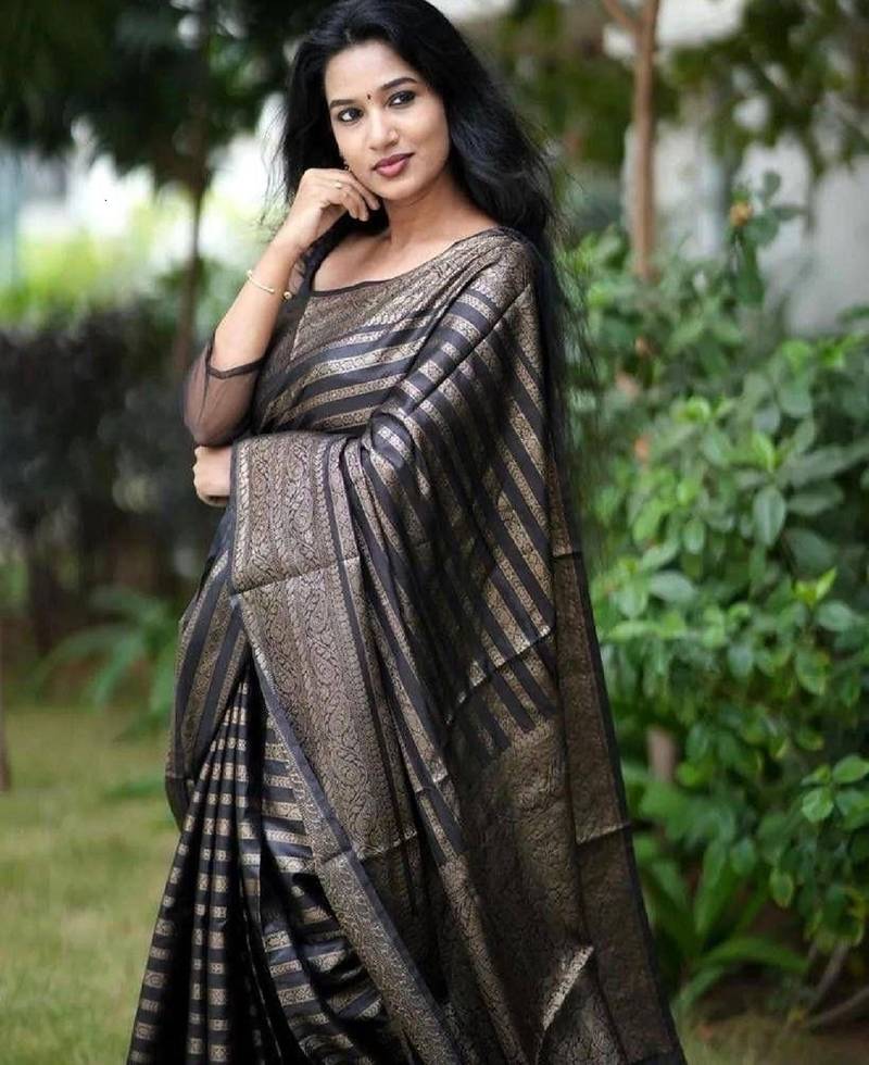 Black soft silk blend banarasi jacuard work designer party wear saree with unstitched blouse piece