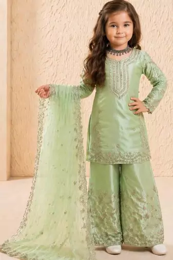 Designer party wear heavy silk kids top sharara & dupatta set