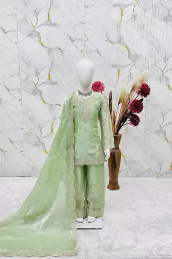 Designer party wear heavy silk kids top sharara & dupatta set