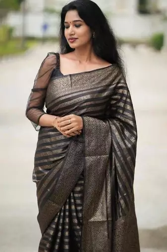 Black silk blend banarasi saree with unstitched blouse piece