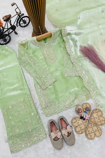 Designer party wear heavy silk kids top sharara & dupatta set