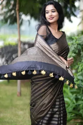 Black silk blend banarasi saree with unstitched blouse piece