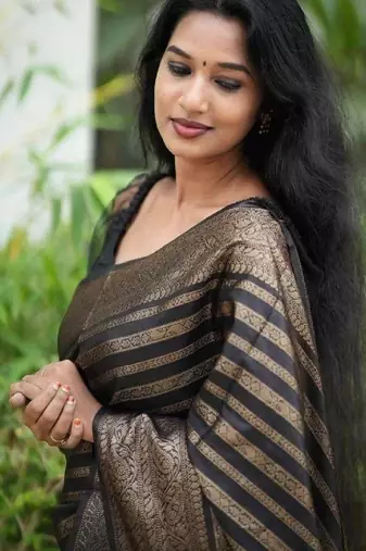 Black silk blend banarasi saree with unstitched blouse piece