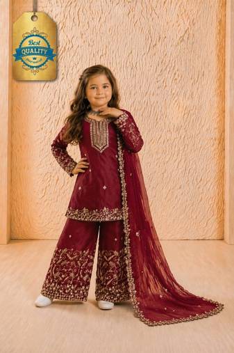 Designer party wear heavy silk kids top sharara & dupatta set