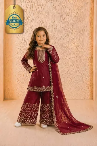 Designer party wear heavy silk kids top sharara & dupatta set