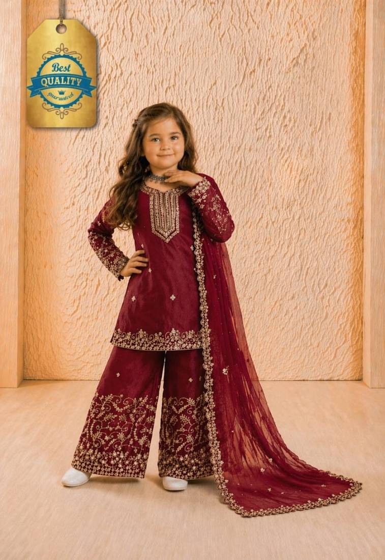 Designer party wear heavy silk kids top sharara & dupatta set