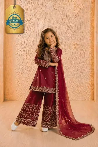Designer party wear heavy silk kids top sharara & dupatta set