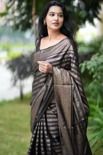 Black silk blend banarasi saree with unstitched blouse piece