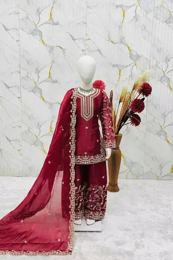 Designer party wear heavy silk kids top sharara & dupatta set