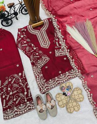 Designer party wear heavy silk kids top sharara & dupatta set 4
