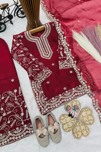 Designer party wear heavy silk kids top sharara & dupatta set