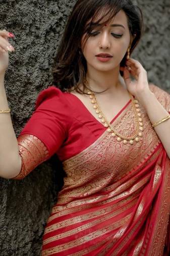 Red soft silk blend banarasi jacuard work designer party wear saree with unstitched blouse piece