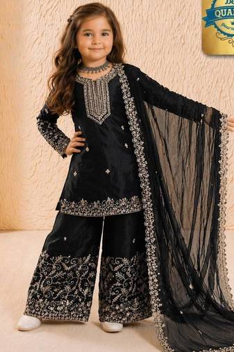 Designer party wear heavy silk kids top sharara & dupatta set