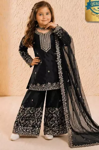 Designer party wear heavy silk kids top sharara & dupatta set