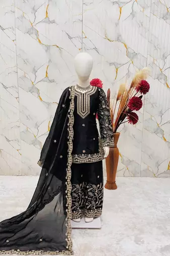 Designer party wear heavy silk kids top sharara & dupatta set