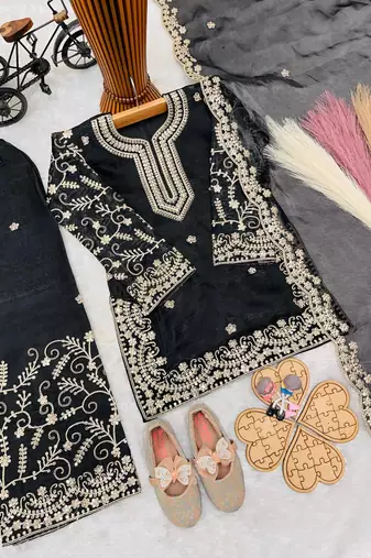 Designer party wear heavy silk kids top sharara & dupatta set