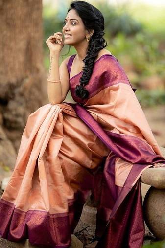 Peach wine soft silk blend banarasi jacuard work designer party wear saree with unstitched blouse piece